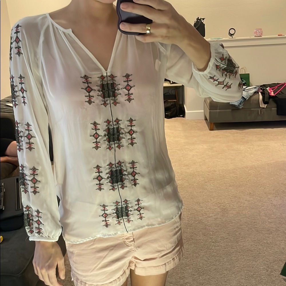 Zara White Embellished Long Sleeve Blouse